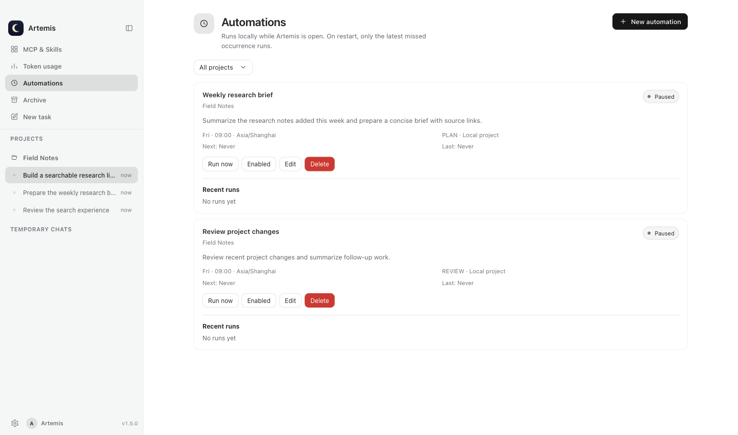 Artemis Automations with paused demonstration schedules