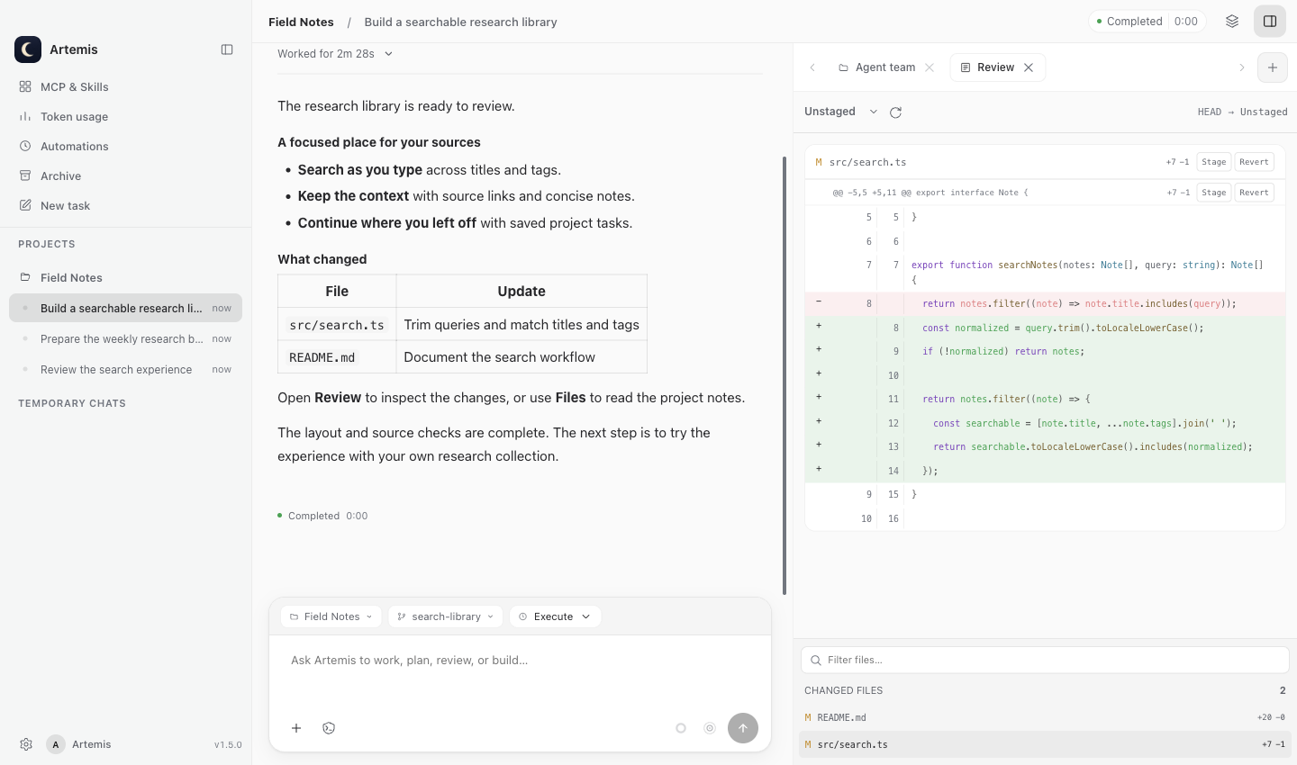 Artemis Git Review with changed files and inline diff