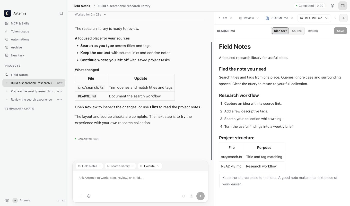Artemis Files and Markdown reader beside a conversation